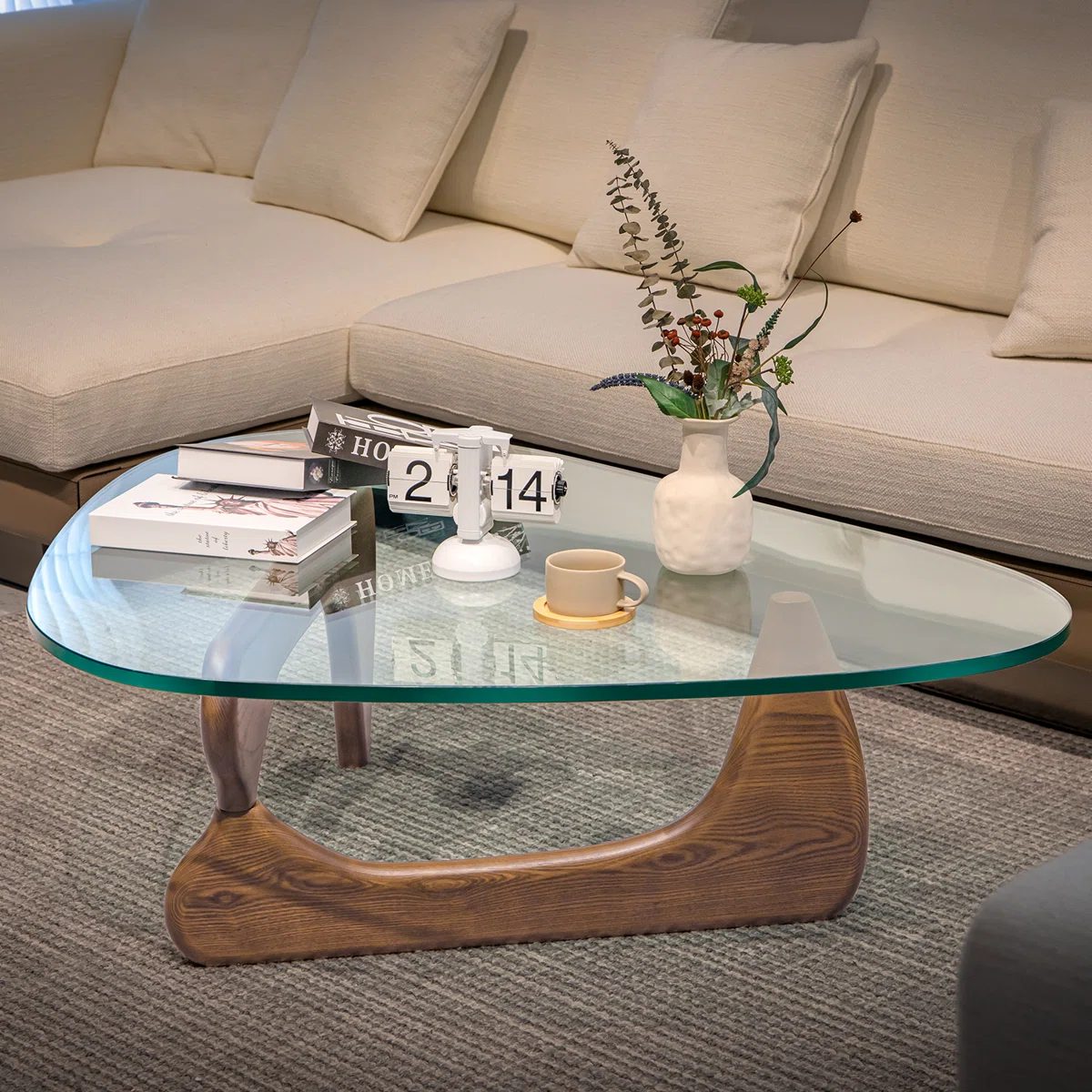 Triangle Glass Coffee Table with Wooden Base Clear Glass Top Mid-Century Abstract Glass Table