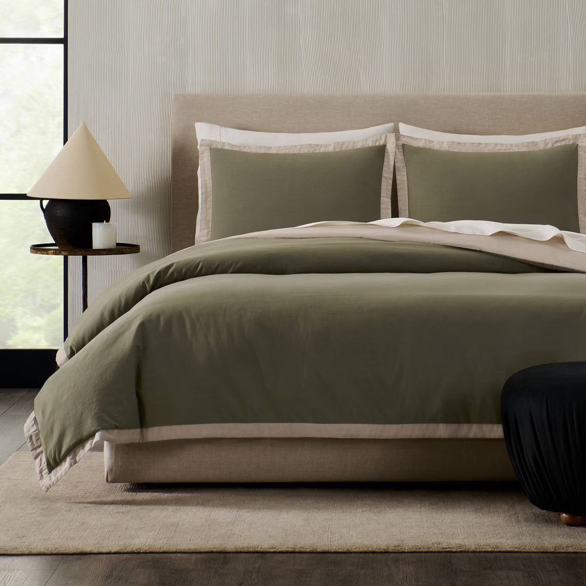 Jeremiah Brent Home 3pc California King Contrast Border Cotton Slub Reversible Cotton Duvet Set Green