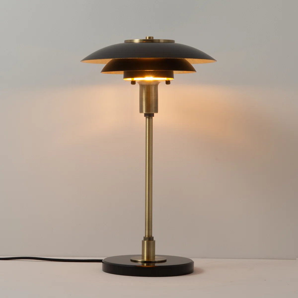 Rancho Mirage Table Lamp - Matte Black & Gold-Leaf Shade, Weathered Brass, Black Marble Base