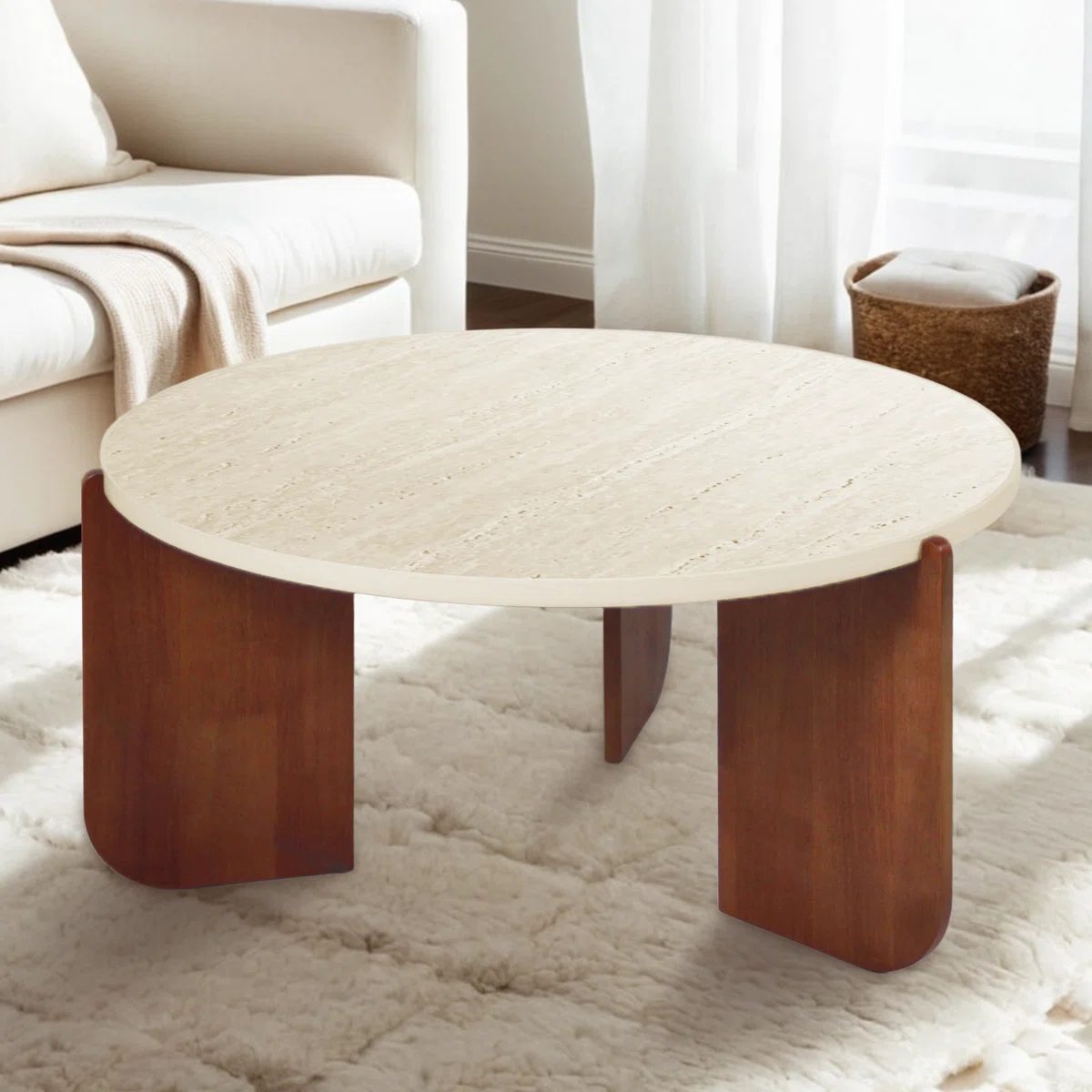 Elegant Round Travertine Texture Coffee Table – 30” Stone Coffee Table, Modern Design, Durable, Minimalist