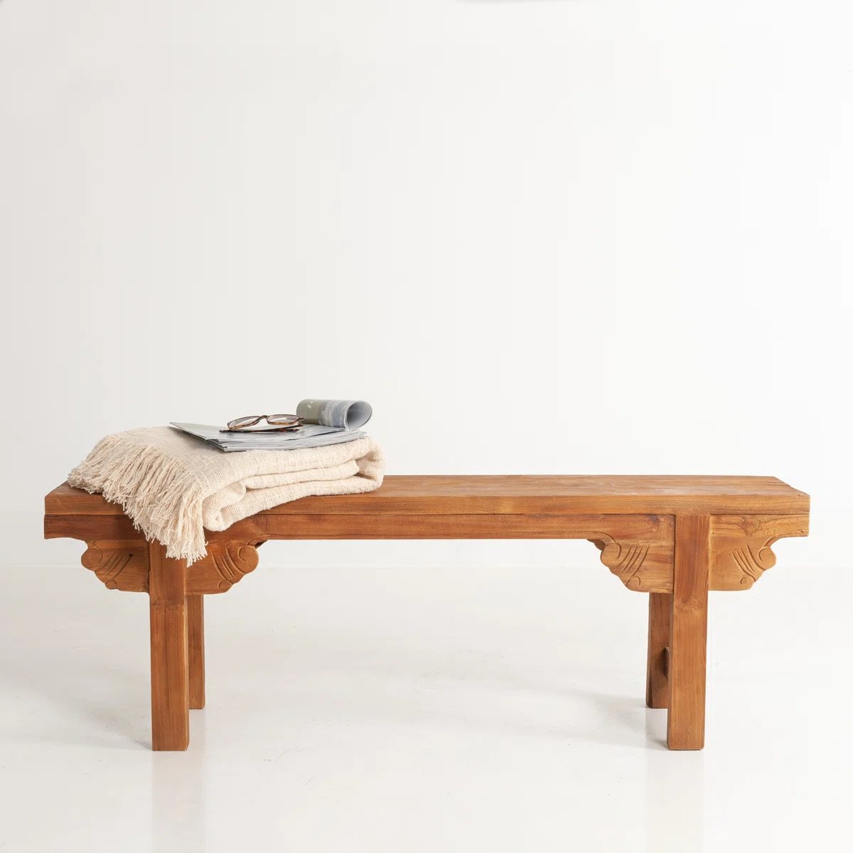 Natural Solid Wood Carved Bench