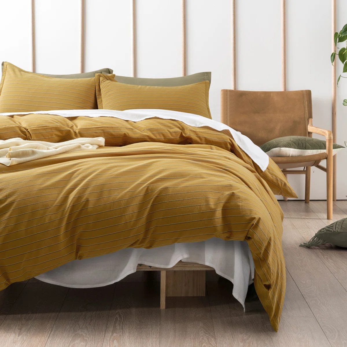 Dorella Striped Yarn Dyed Washed Cotton Chambray Duvet Cover Set (Set of 3)