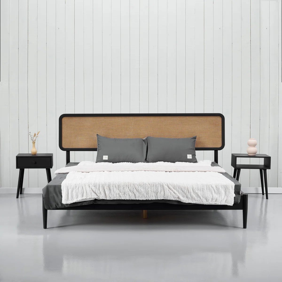 NTC Lupin Wooden Bed with Headboard, Solid Oak and Rubber Wood Foundation with Silent Slats