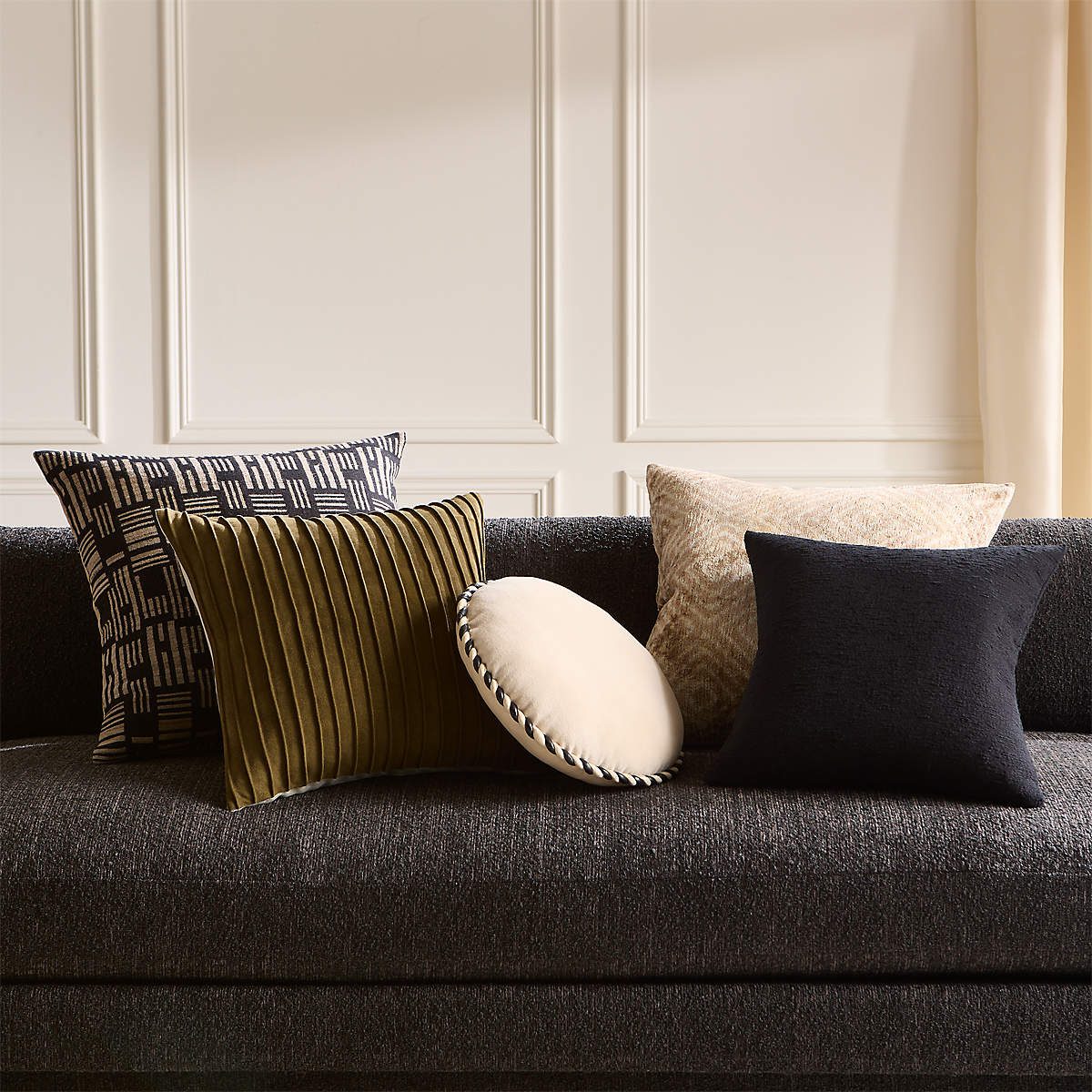 Melrose Black with Sand Woven Jacquard Wool and Silk Throw Pillow Cover 23"x23"