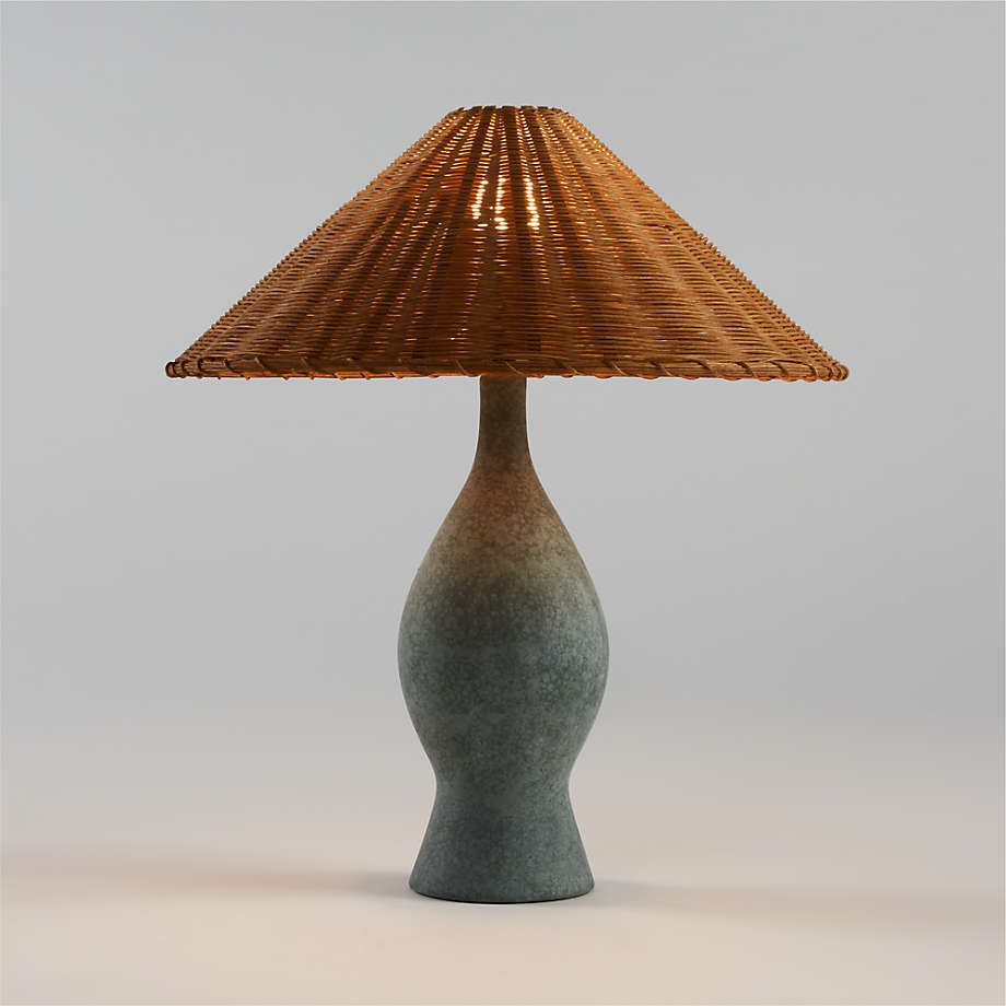 Courbe Green Ceramic Table Lamp with Rattan Shade by Athena Calderone 24.2"